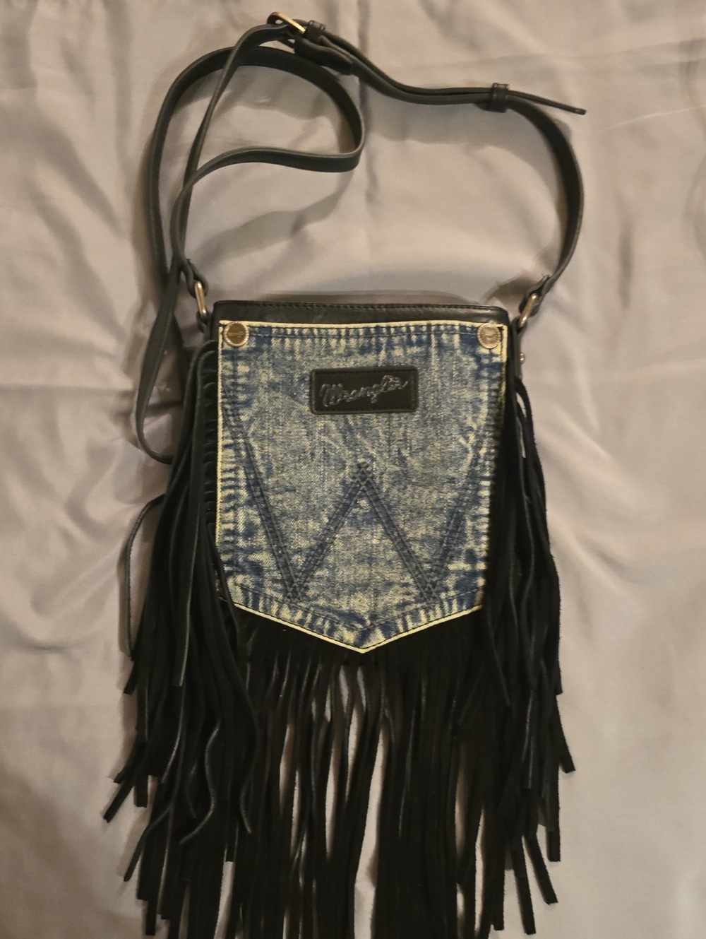 Wrangler Black Faux-Leather Fringe Crossbody with Blue Denim Patch
